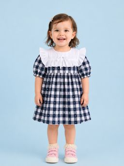 Kidbea - Black Checks Royal Puff Sleeve Frock
