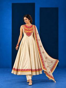 Gahan - Womens Cream Ethnic Beads Stone Embroidered Anarkali Kurta with Pant & Dupatta