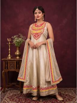 Gahan - Womens Grey Ethnic Beads Stone Embroidered Anarkali Kurta with Pant & Dupatta