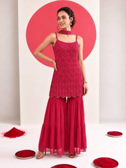 Gahan - Womens Embroidered Beads Stone Georgette Rose Kurta & Sharara with Dupatta