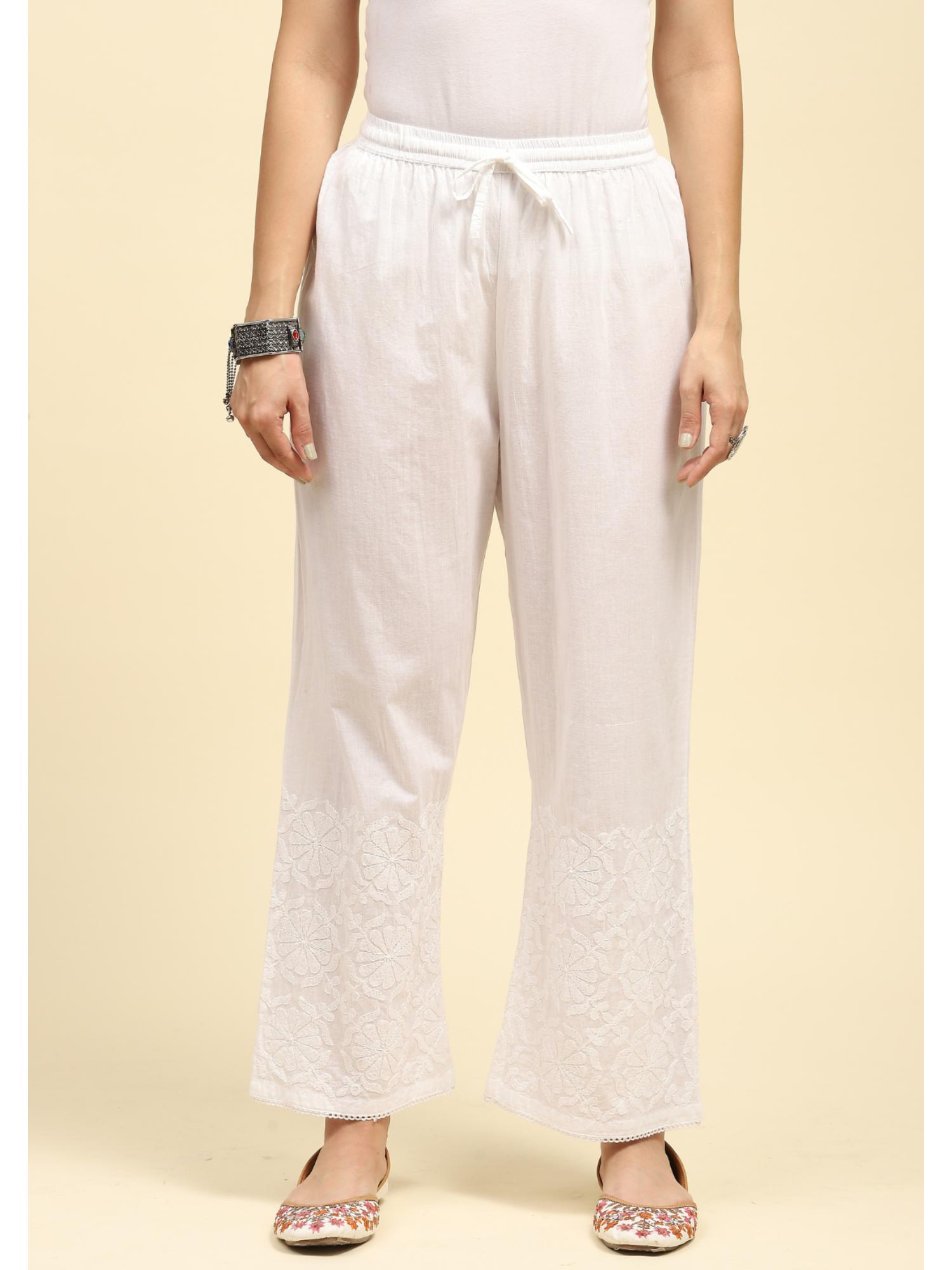 Cotton Chikankari Solid Women's Palazzo - White-picture-17