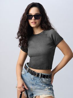 The Souled Store - Originals Ribbed Acid Wash: Grey Women Crop Top