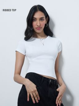 The Souled Store - Originals Ribbed: Pearl White Women Crop Top