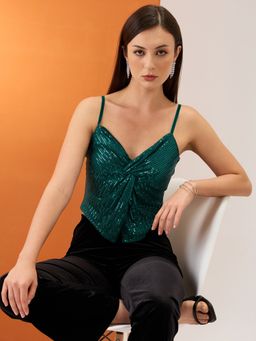 Globus - Women Green Shoulder Straps Sequinned Party Top