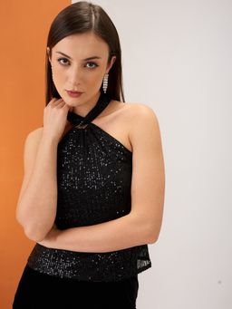Globus - Women Black Halter Neck Twisted Detail Sequinned Party Top