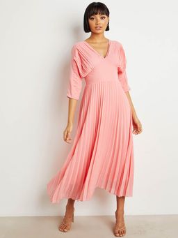 Styli - Pink Pleated 3/4 Volume Sleeves A-line Midi Dress