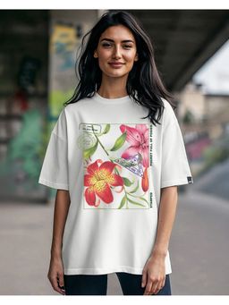 Bewakoof - Women's White Stamped Graphic Printed Oversized T-shirt