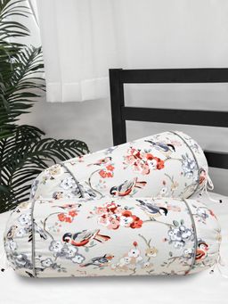 The Home Story - Cotton Bolster Covers Set of 2 300 TC Bird Print on Beige Base