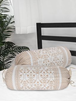 The Home Story - Cotton Bolster Covers Set of 2 220 TC White and Gold Floral