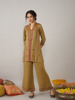 STADO - Beige Embroidered Kurta with Palazzo (Set of 2)