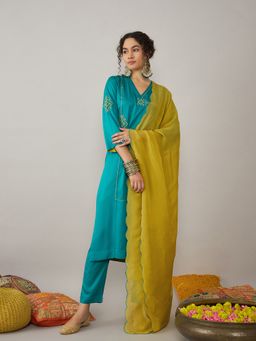 STADO - Turquoise Embroidered Kurta and Pant with Dupatta (Set of 3)