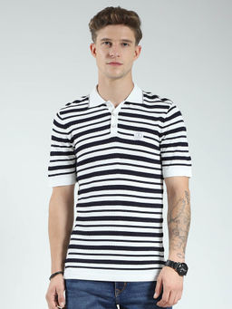 Monte Carlo - Men White and Black Striped Collar Neck Polo T-shirt