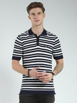 Monte Carlo - Men Navy Blue and White Striped Collar Neck Polo T-shirt