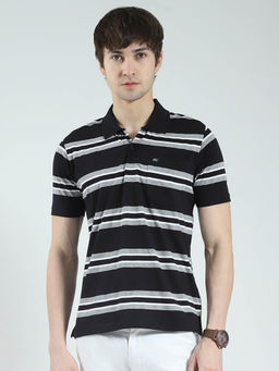 Monte Carlo - Men Black Striped Collar Neck Polo T-shirt