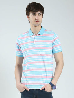 Monte Carlo - Men Blue Striped Collar Neck Polo T-shirt