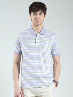 Monte Carlo - Men Lavender Striped Collar Neck Polo T-shirt