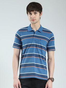 Monte Carlo - Men Blue Striped Collar Neck Polo T-shirt