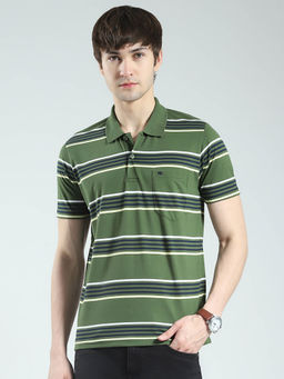 Monte Carlo - Men Green Striped Collar Neck Polo T-shirt