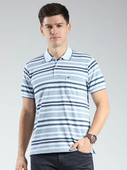 Monte Carlo - Men Blue Striped Collar Neck Polo T-shirt