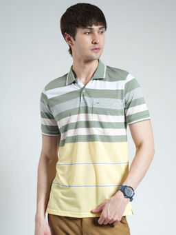Monte Carlo - Men Yellow and Green Striped Collar Neck Polo T-shirt