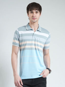 Monte Carlo - Men Blue Striped Collar Neck Polo T-shirt