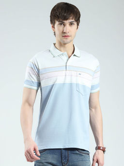 Monte Carlo - Men Blue Striped Collar Neck Polo T-shirt