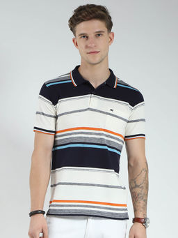 Monte Carlo - Men Navy Blue and White Striped Collar Neck Polo T-shirt