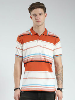 Monte Carlo - Men Orange and White Striped Collar Neck Polo T-shirt