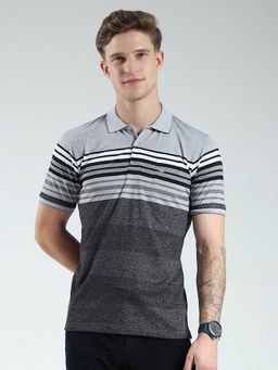 Monte Carlo - Men Grey Striped Collar Neck Polo T-shirt