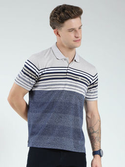 Monte Carlo - Men Navy Blue Striped Collar Neck Polo T-shirt