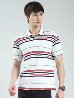 Monte Carlo - Men Off White Striped Collar Neck Polo T-shirt