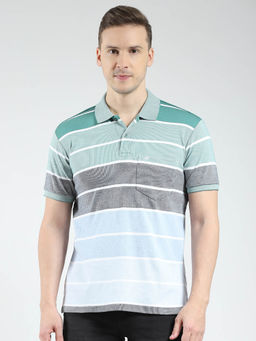Monte Carlo - Men Green Striped Collar Neck Polo T-shirt