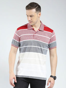 Monte Carlo - Men Red Striped Collar Neck Polo T-shirt