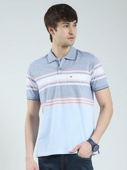 Monte Carlo - Men Blue Striped Collar Neck Polo T-shirt