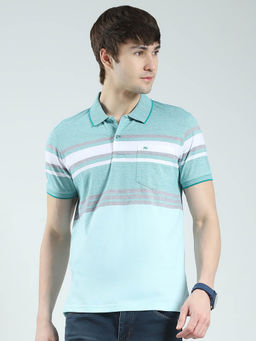 Monte Carlo - Men Green Striped Collar Neck Polo T-shirt