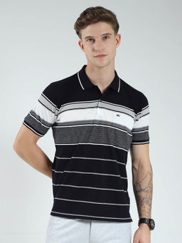Monte Carlo - Men Navy Blue Striped Collar Neck Polo T-shirt