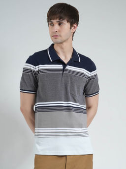 Monte Carlo - Men Grey Striped Collar Neck Polo T-shirt