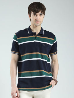 Monte Carlo - Men Navy Blue Striped Collar Neck Polo T-shirt