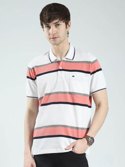 Monte Carlo - Men Off White Striped Collar Neck Polo T-shirt