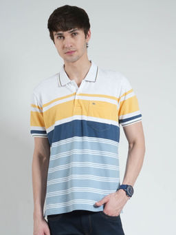 Monte Carlo - Men Blue and Yellow Striped Collar Neck Polo T-shirt