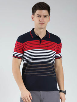 Monte Carlo - Men Navy Blue Striped Collar Neck Polo T-shirt