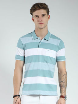 Monte Carlo - Men Sea Green Striped Collar Neck Polo T-shirt