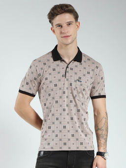 Monte Carlo - Men Beige Printed Collar Neck Polo T-shirt
