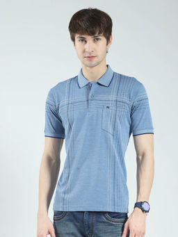 Monte Carlo - Men Blue Stripes Collar Neck Polo T-shirt
