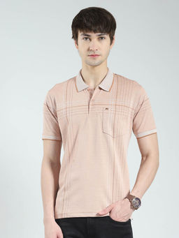 Monte Carlo - Men Peach Stripes Collar Neck Polo T-shirt