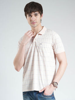 Monte Carlo - Men Peach Checks Collar Neck Polo T-shirt
