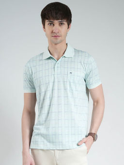 Monte Carlo - Men Sea Green Checks Collar Neck Polo T-shirt