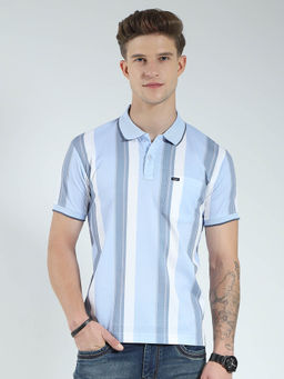 Monte Carlo - Men Blue Striped Collar Neck Polo T-shirt