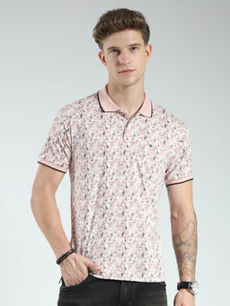 Monte Carlo - Men Peach Printed Collar Neck Polo T-shirt