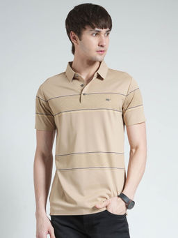 Monte Carlo - Men Beige Striped Collar Neck Polo T-shirt
